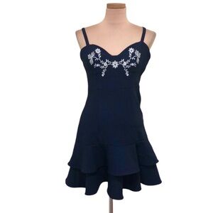 Cinq à Sept Navy Blue Mini Dress with White Embroidery